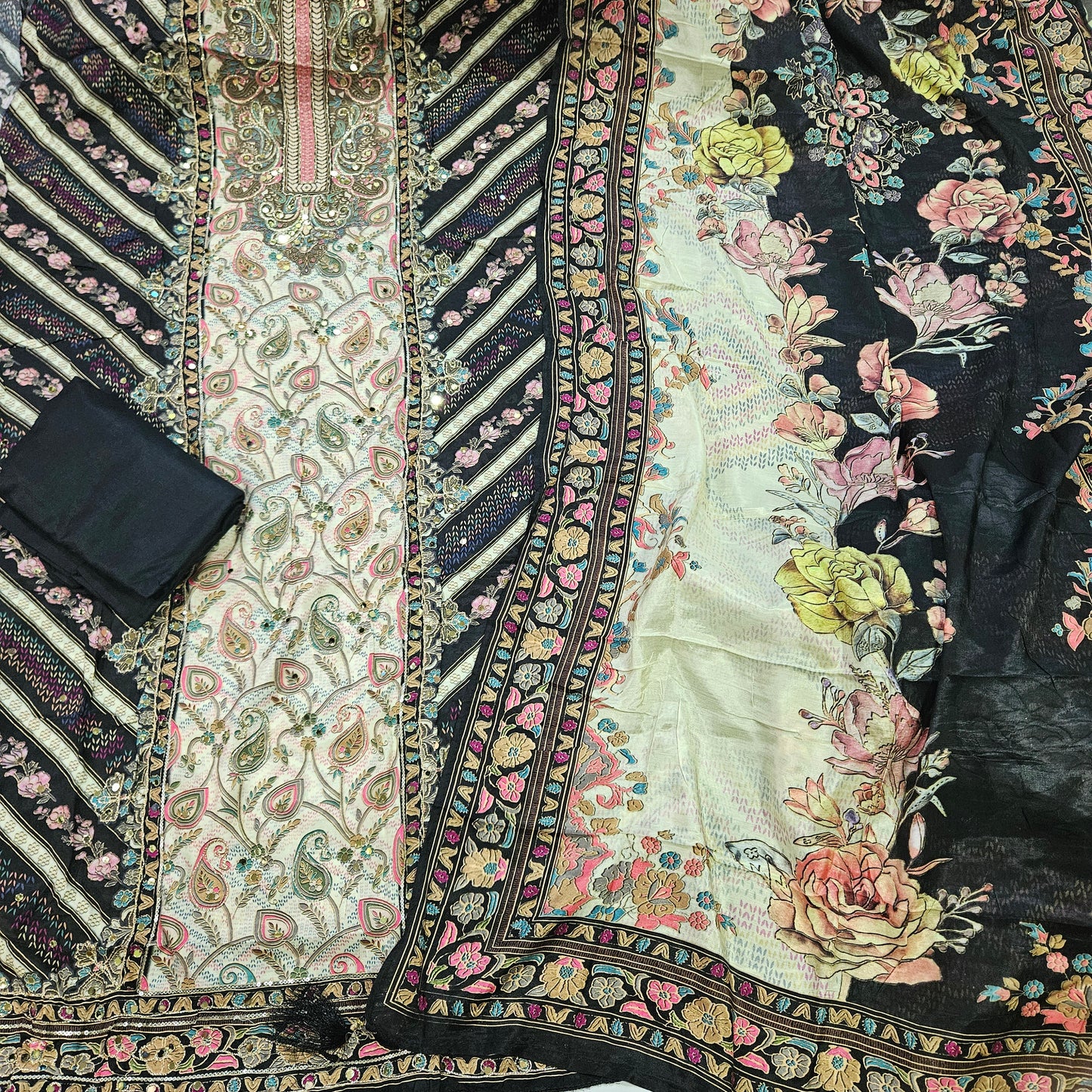 Black Muslin Embroidery Suit