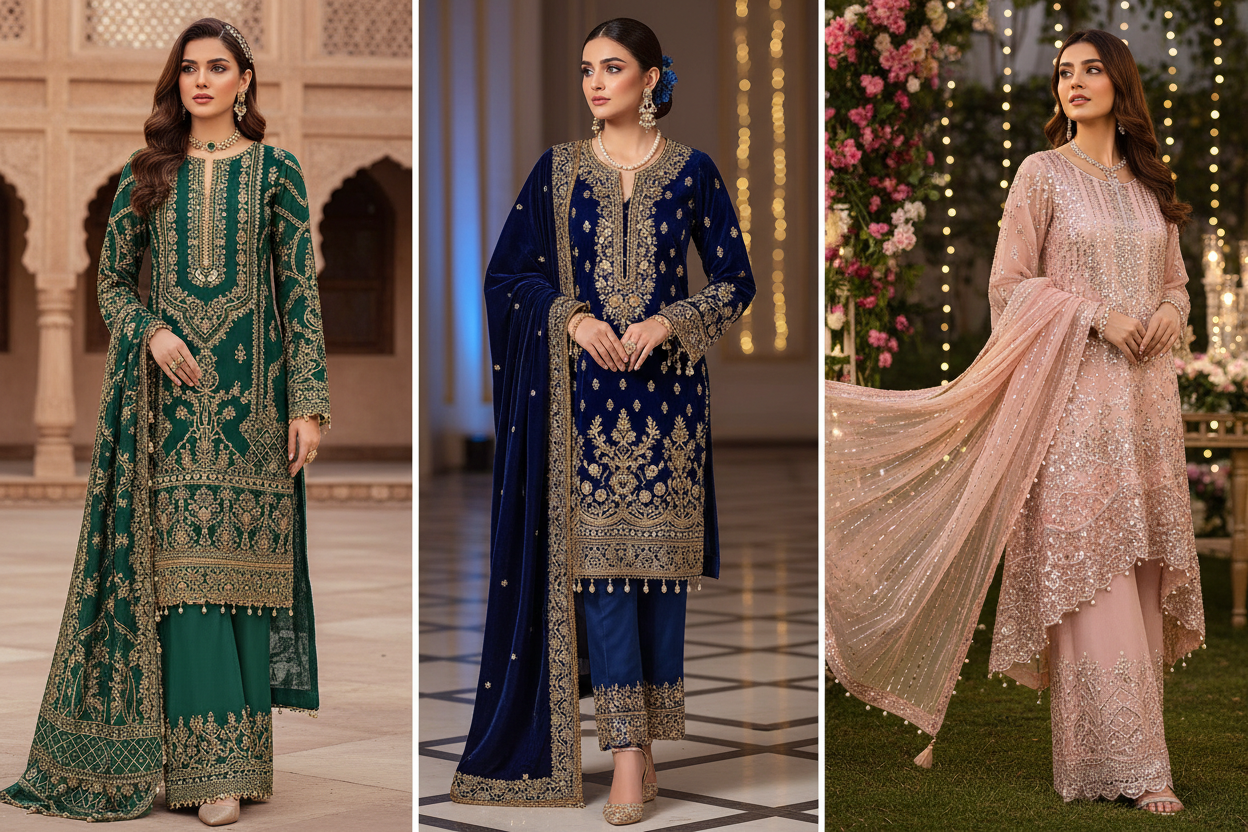 girl wearing pakistani partywear suit 3 girls 3 dresses